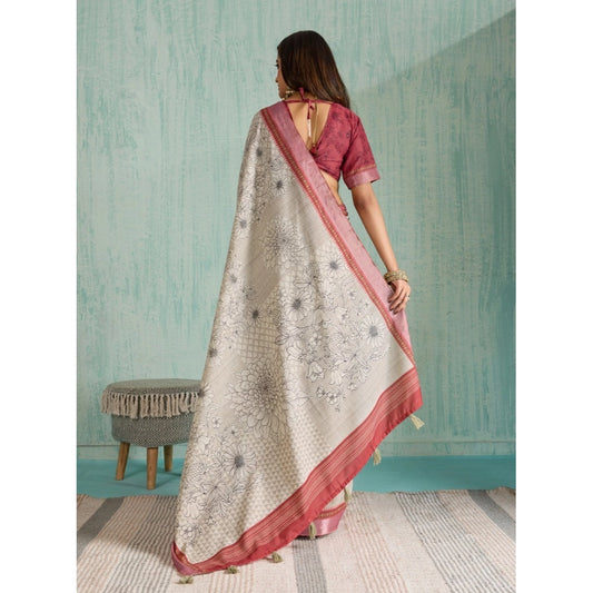Beige Silk Blend Printed Saree