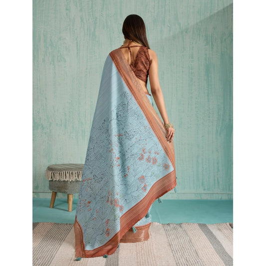 Blue Silk Blend Printed Saree