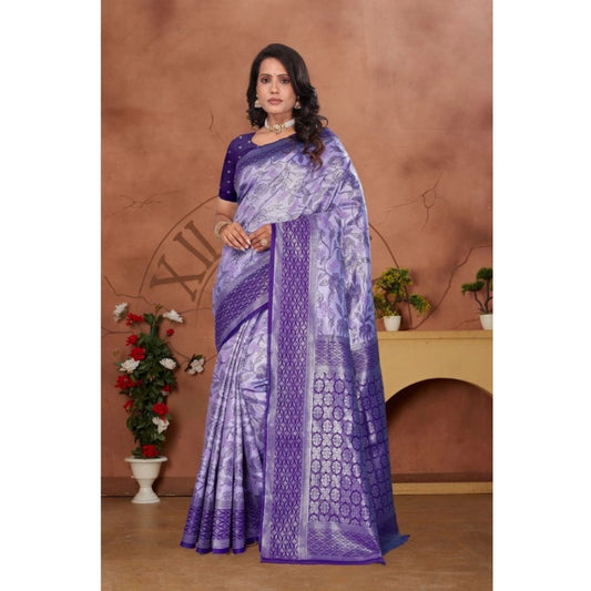 Generic Women's Banarasi Silk Jaquard Woven Saree With Unstitched Blouse 5.5Mtr (Purple)
