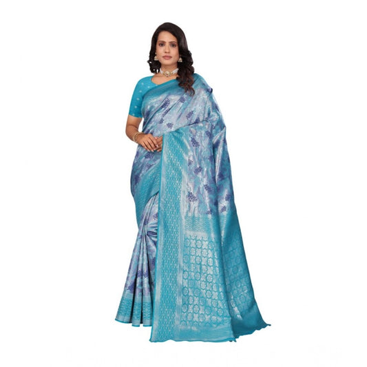 Generic Women's Banarasi Silk Jaquard Woven Saree With Unstitched Blouse 5.5Mtr (Light Blue)