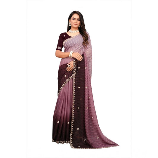 Generic Women's Chiffon Embroidred Saree With Unstitched Blouse 5.5Mtr (Beige)