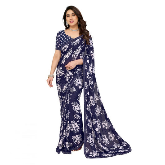 Navy Blue Georgette Printed Saree