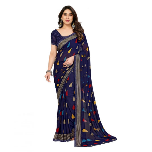 Navy Blue Georgette Printed Saree
