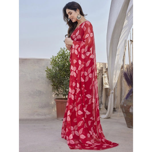 Red Chiffon Printed Saree