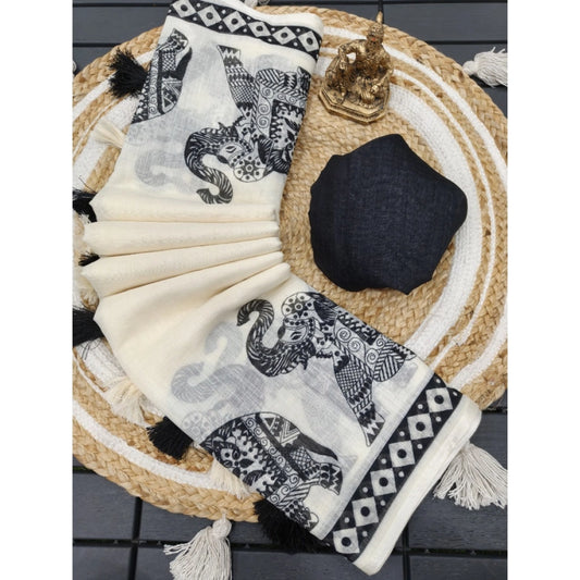 Cream Black Linen Saree