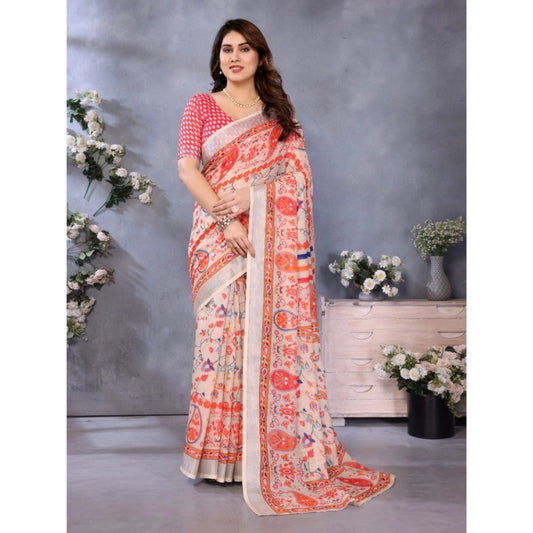 Orange Linen Cotton Saree