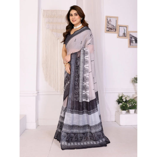 White & Black Linen Cotton Saree