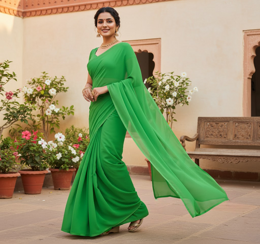 Parrot Green Georgette Plain Saree