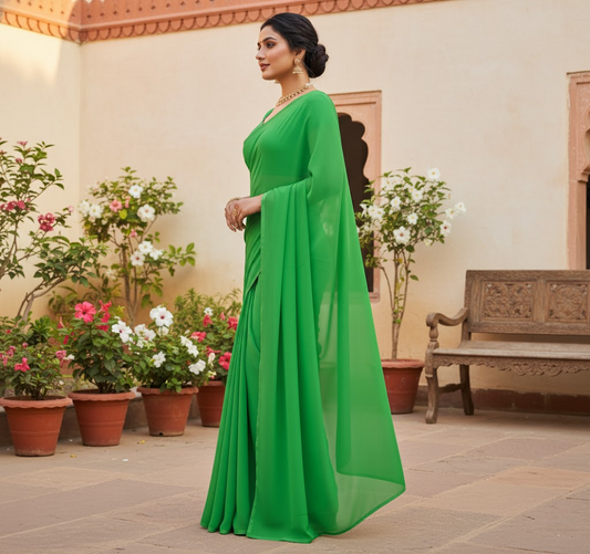Parrot Green Georgette Plain Saree