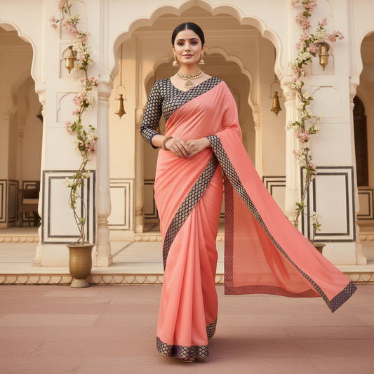 Peach Chanderi Cotton Lace Border Saree