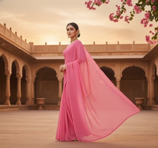 Pink Georgette Plain Saree