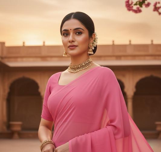 Pink Georgette Plain Saree