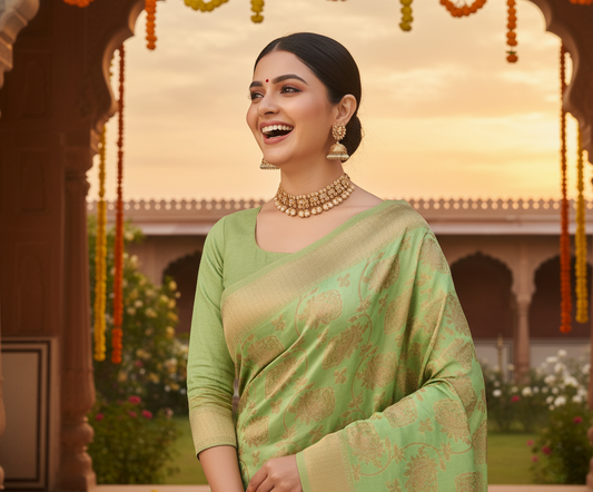 Pista Green Banarasi Spun Cotton Saree
