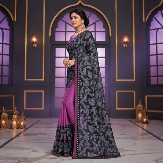 Purple Floral Print Lycra Blend Saree