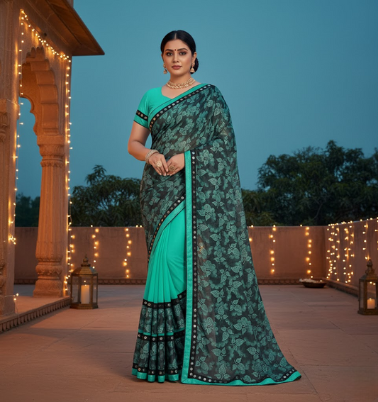 Rama Green Floral Print Lycra Blend Saree