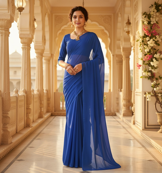 Royal Blue Georgette Plain Saree