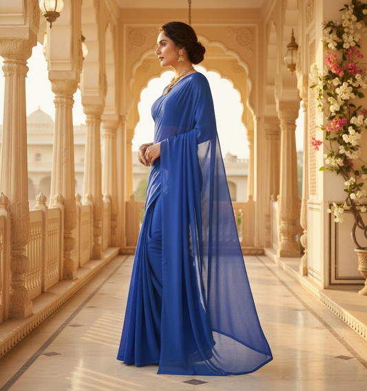 Royal Blue Georgette Plain Saree