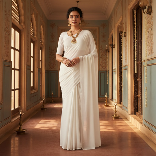 White Georgette Plain Saree