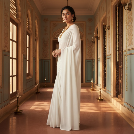 White Georgette Plain Saree