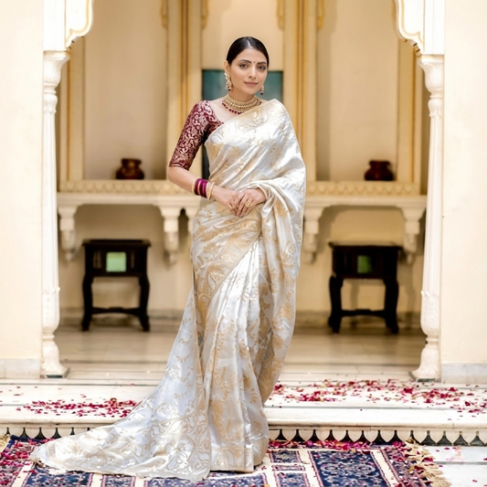 White Silk Printed Saree