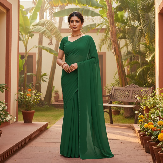 Dark Green Georgette Plain Saree With Blouse