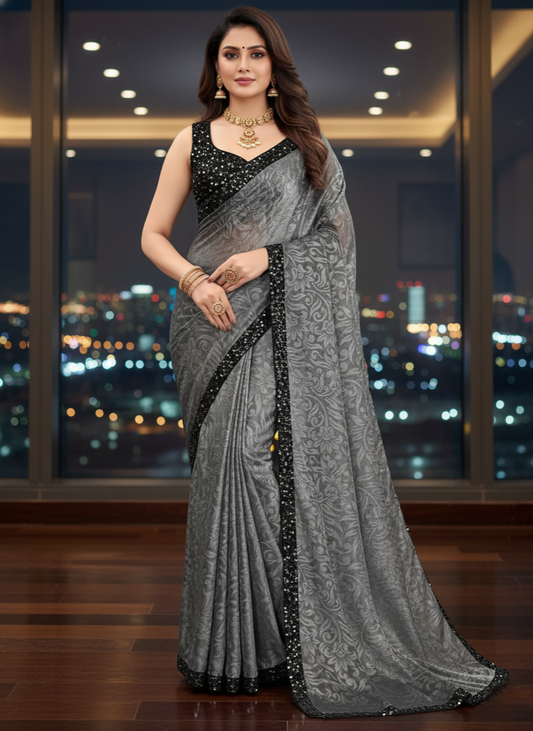 Grey Lycra Floral Saree