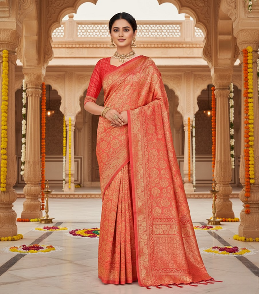 Peach Banarasi Silk Saree