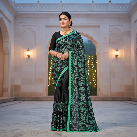 Green Floral Print Lycra Blend Saree