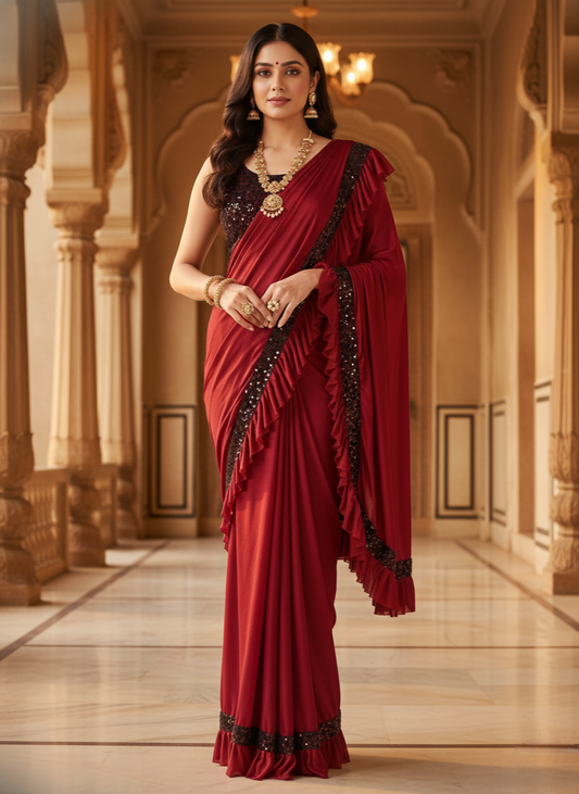 Red Lycra Solid Saree