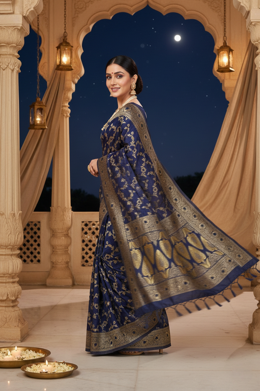 Navy Blue Banarasi Silk Saree