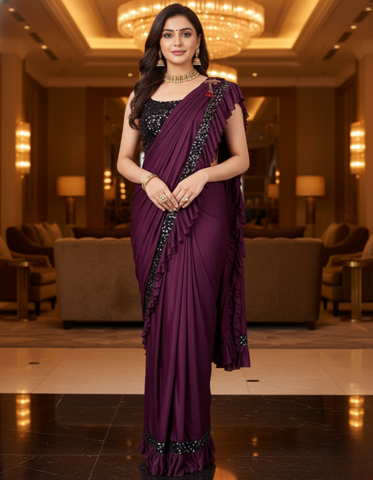 Wine Lycra Solid Saree