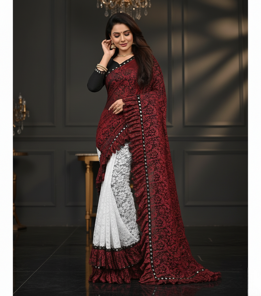 Red Silk Mirror Lace Half & Half Ruffle Saree