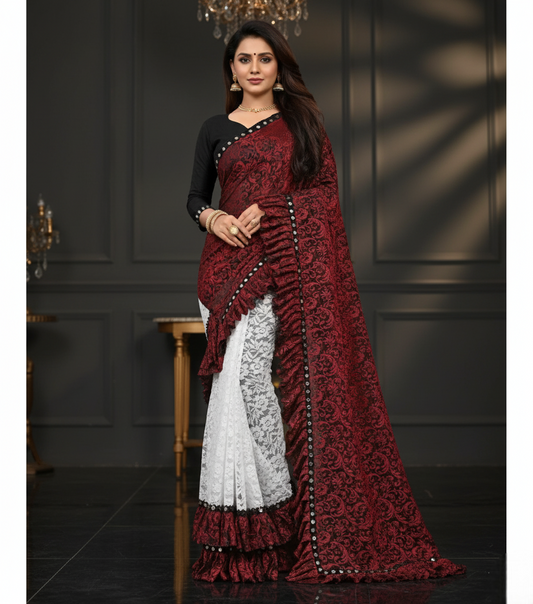Red Silk Mirror Lace Half & Half Ruffle Saree
