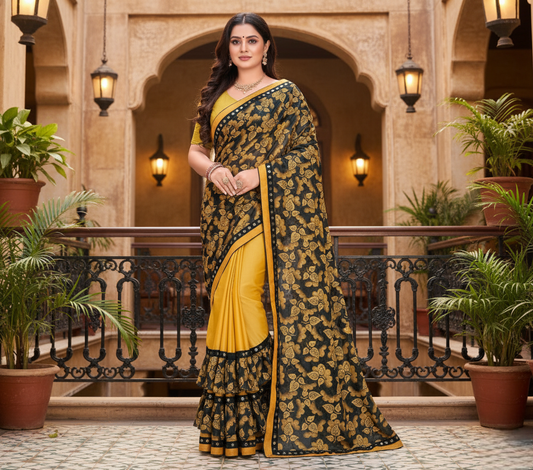 Mustard Floral Print Lycra Blend Saree