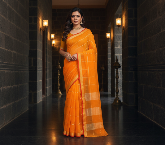 Yellow Kota Doria Cotton Checked Saree