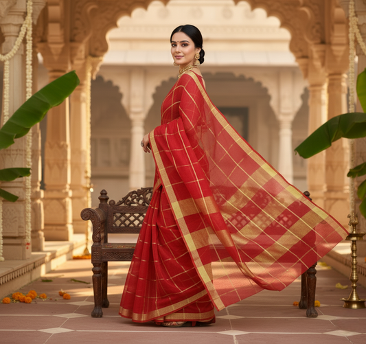 Red Kota Doria Cotton Checked Saree
