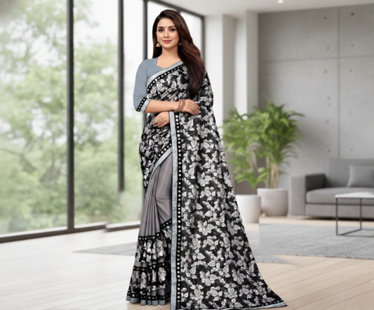Grey Floral Print Lycra Blend Saree