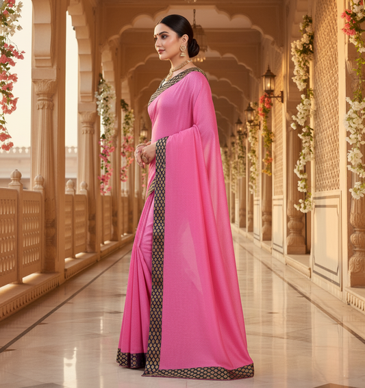 Pink Chanderi Cotton Lace Border Saree