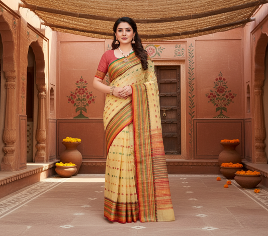 Beige Kota Doria Cotton Woven Butta Saree