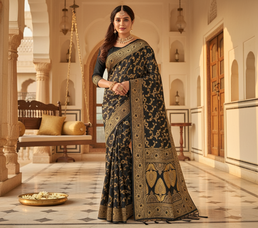 Black Banarasi Silk Saree With Blouse