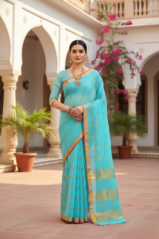Sky Blue Kota Doria Cotton Saree