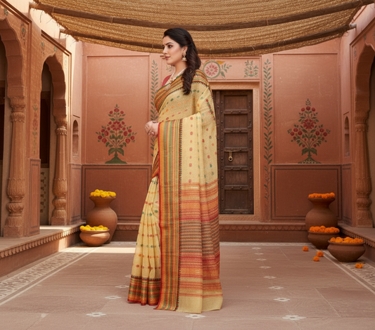 Beige Kota Doria Cotton Woven Butta Saree