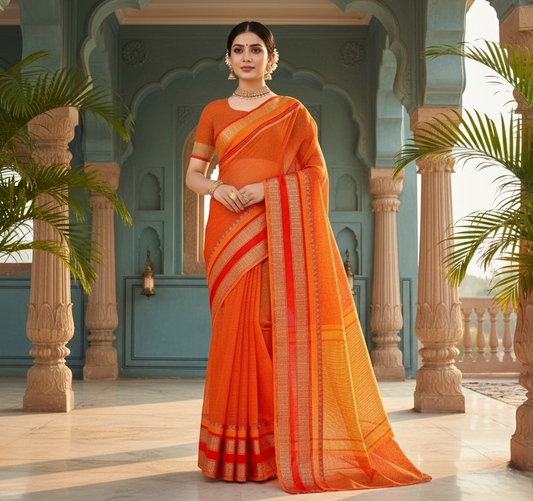 Orange Kota Doria Cotton Border Saree