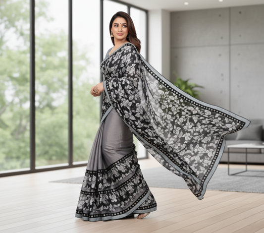 Grey Floral Print Lycra Blend Saree