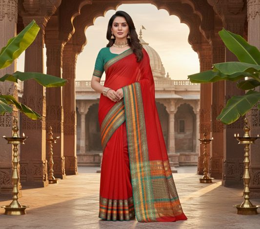 Red Kota Doria Cotton Bordered Saree