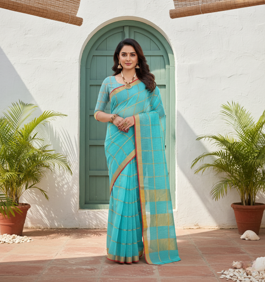 Sky Blue Kota Doria Cotton Checked Saree