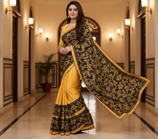 Mustard Floral Print Lycra Blend Saree