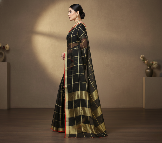 Black Kota Doria Cotton Zari Saree