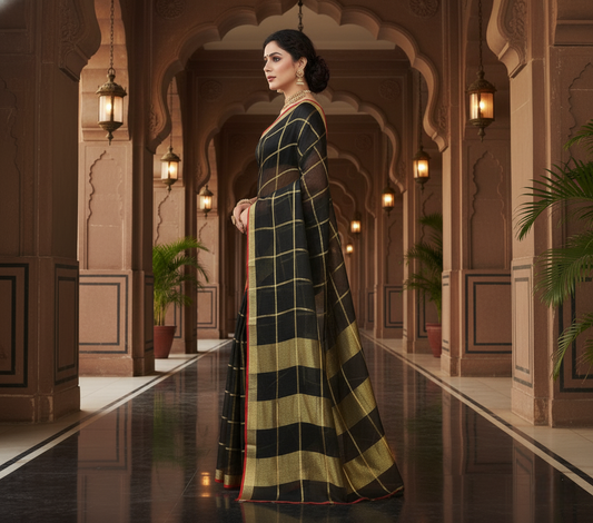 Black Kota Doria Cotton Checked Saree