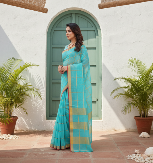 Sky Blue Kota Doria Cotton Checked Saree